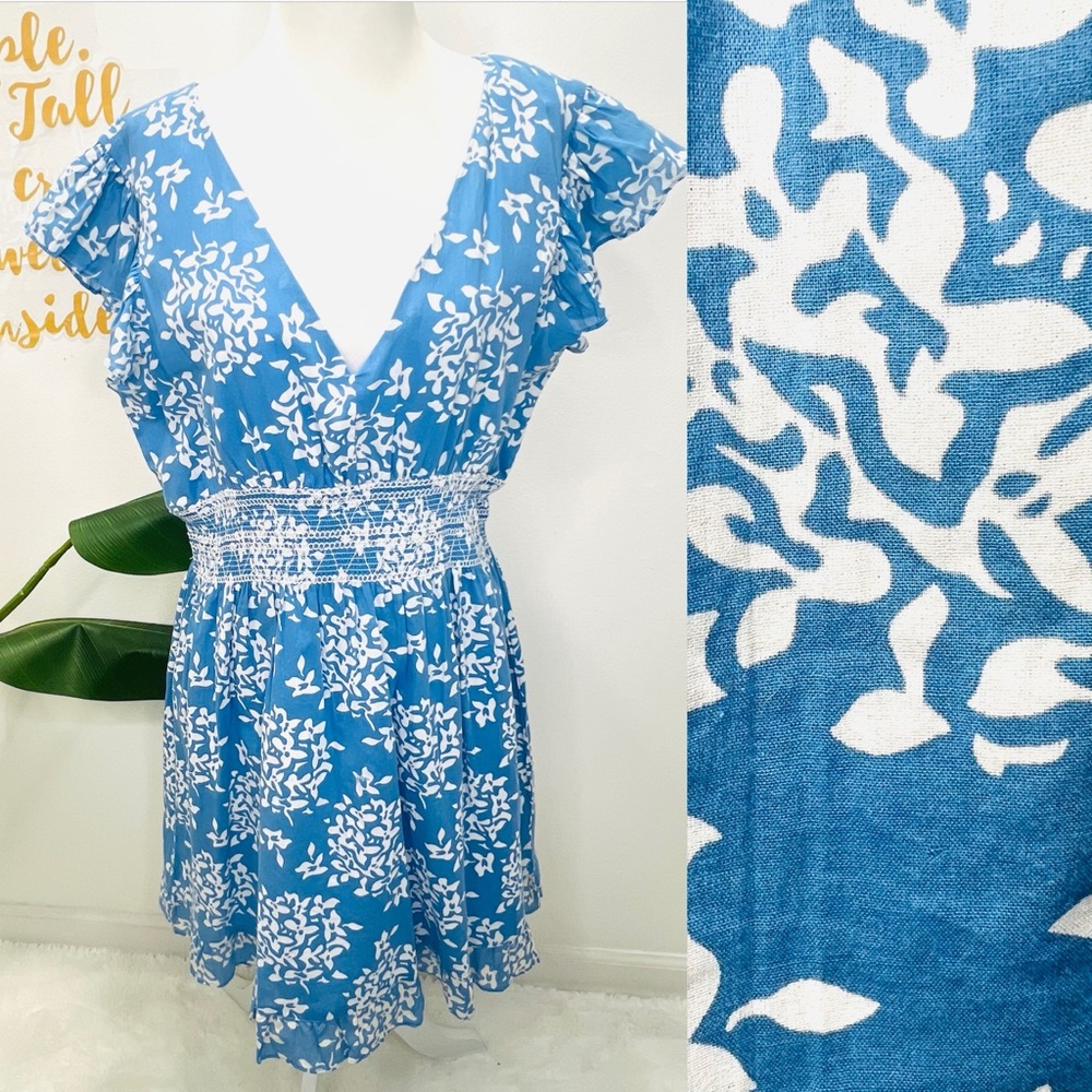 SAIL TO SABLE Blue Floral Flutter Ruffle Sleeve Smock Waist Mini Dress Large